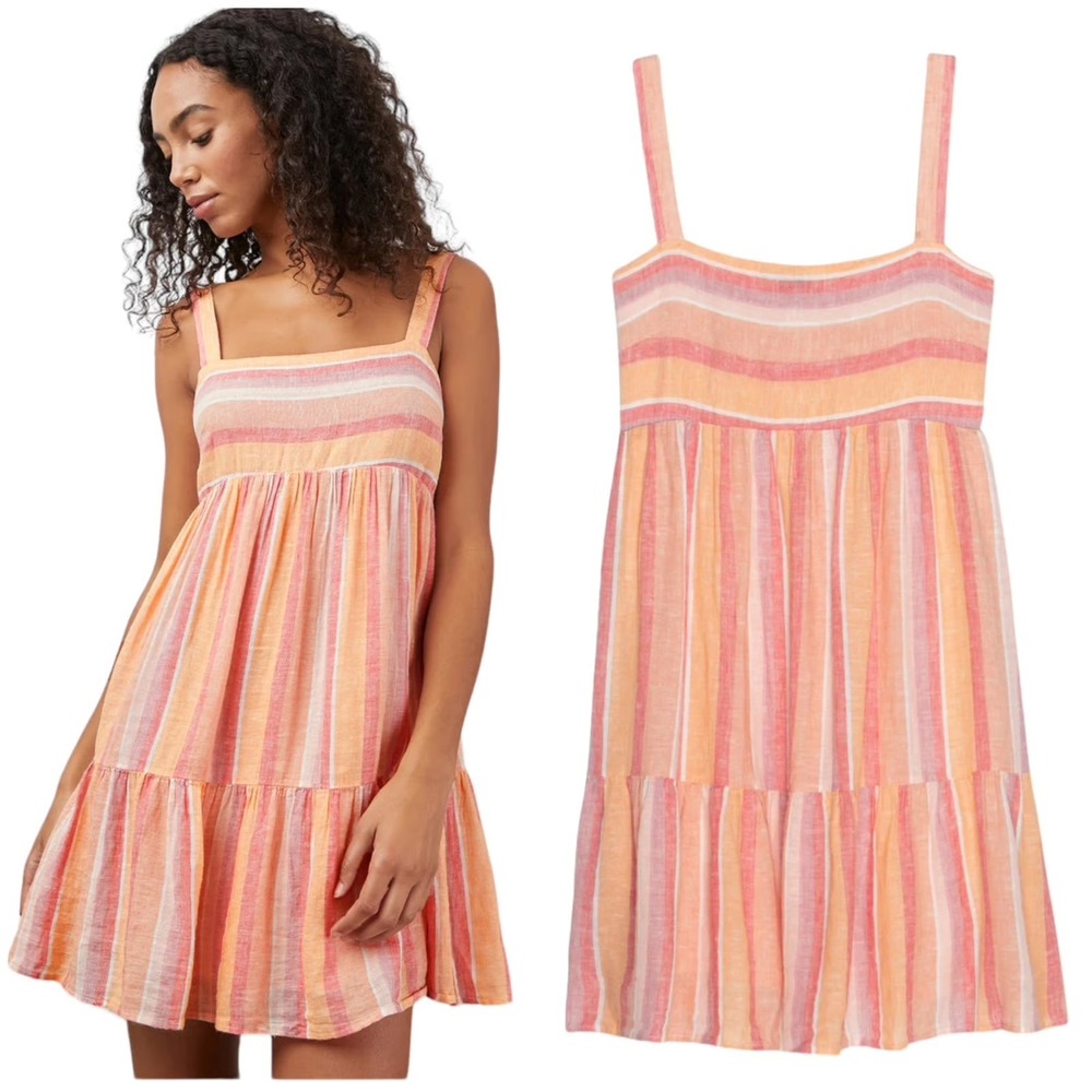 Rails Sadie Mini Dress Orange Pink Striped Linen Blend Smocked Tiered Medium